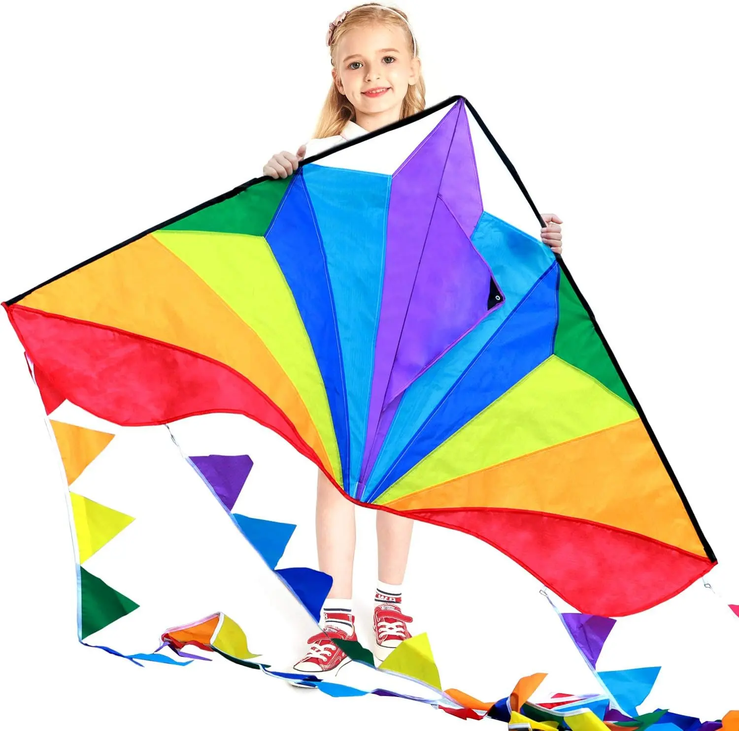 Large Rainbow Delta Kite with Astronaut Theme, Swivel Connector - Outdoor Flying Toy for Kids, Easy-to-Fly for Beginners, Detachable Bunting Tails, 700cm Curved Tail & String Included, 1X700cm Straight Tail