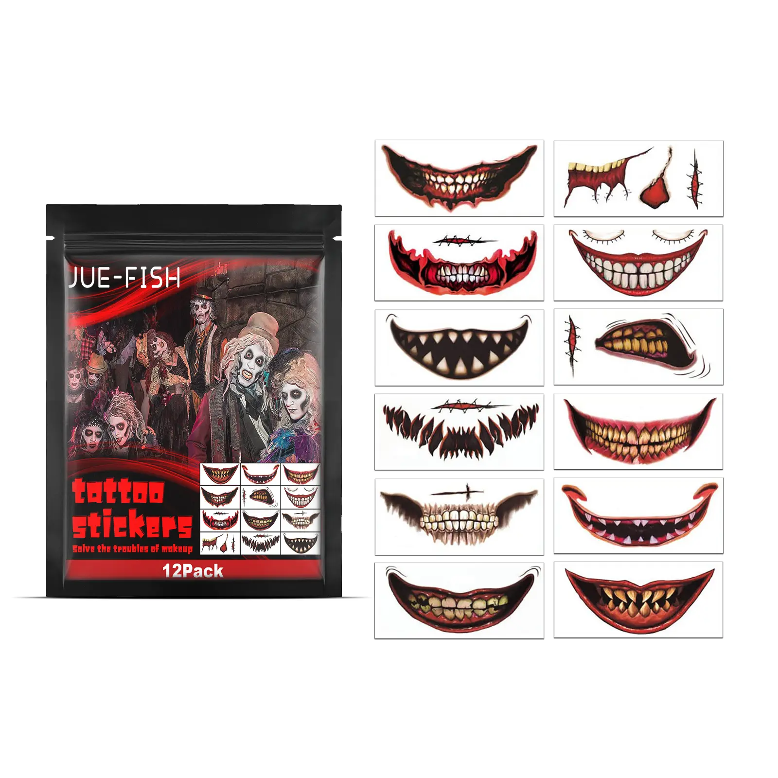 JUE-FISH Halloween Mouth Tattoos Scary Lip & Face Decals Temporary Fake Wounds & Stitches Party Makeup Stickers 12pcs Adhesive Easy Application Premium Kabuki Contour Powder Brush Set