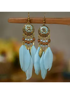 Ethnic Retro Earrings with Bohemian Vacation Style, Antique Alloy Carved Flower Feather Fringe Earrings, Boho Style Jewelry