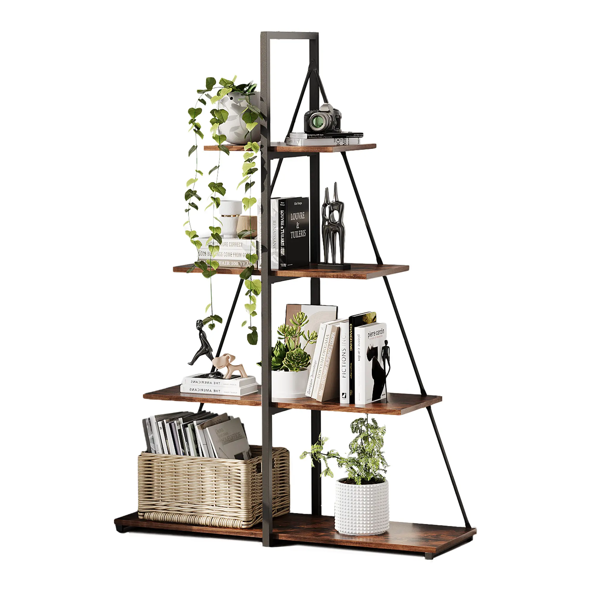 Garvee Space-Saving 4-Tier Ladder Bookshelf for Living Room, Home Office, Kitchen - Modern A-Shaped Bookcase with Sturdy Steel Frame - Versatile Display & Storage Shelf for Books and Decor - Ideal for Christmas Village Stand