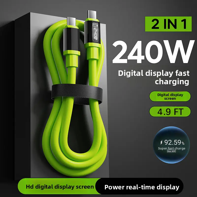 240W Digital Display Flash Fast Charging Data Sync Cable (4.9ft) - Type C+Type C, Type C+Lightning - for Smartphones, Cellphones, Android Devices, Electronic Phones, Tablets, Computers