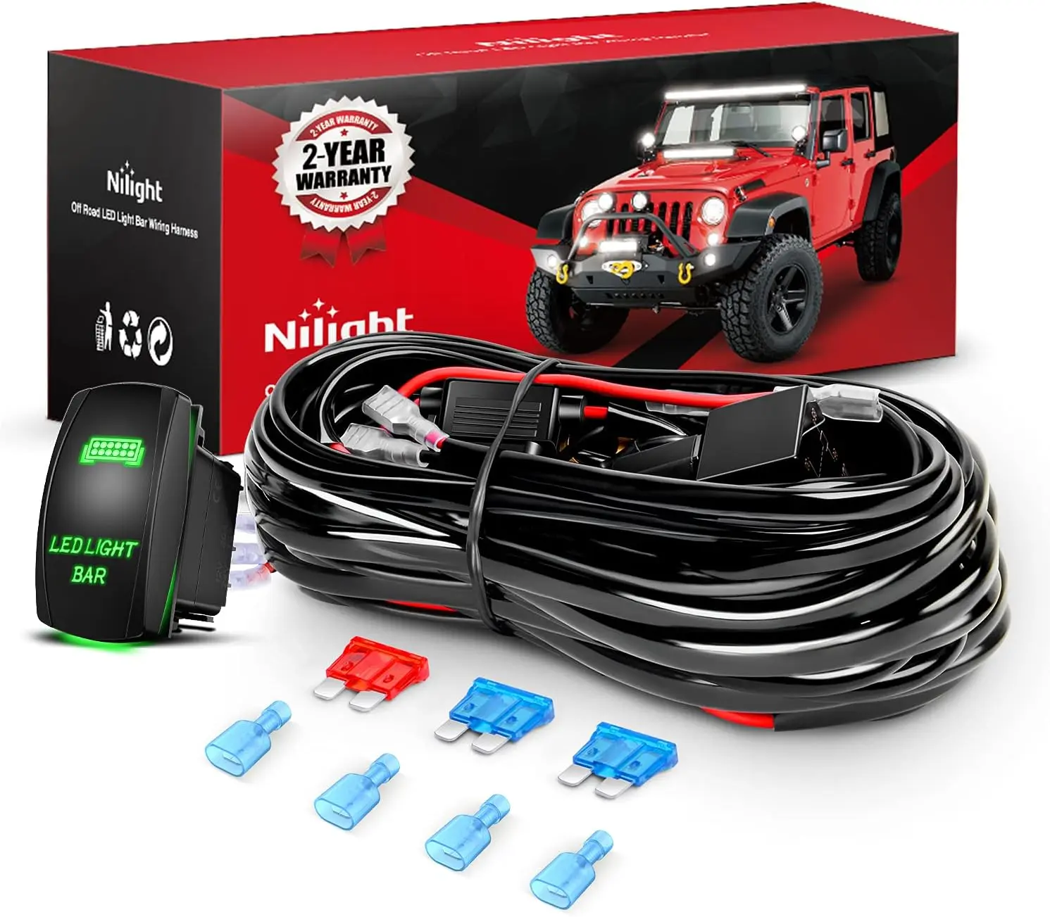 Nilight 16AWG LED Light Bar Wiring Harness Kit - 2 Leads, 12V, 5-Pin Power Rocker Switch, Power Relay, Blade Fuse, Water-Resistant Lid for Off-Road Vehicles, Car Ambient Lighting, Ambient Lighting Car