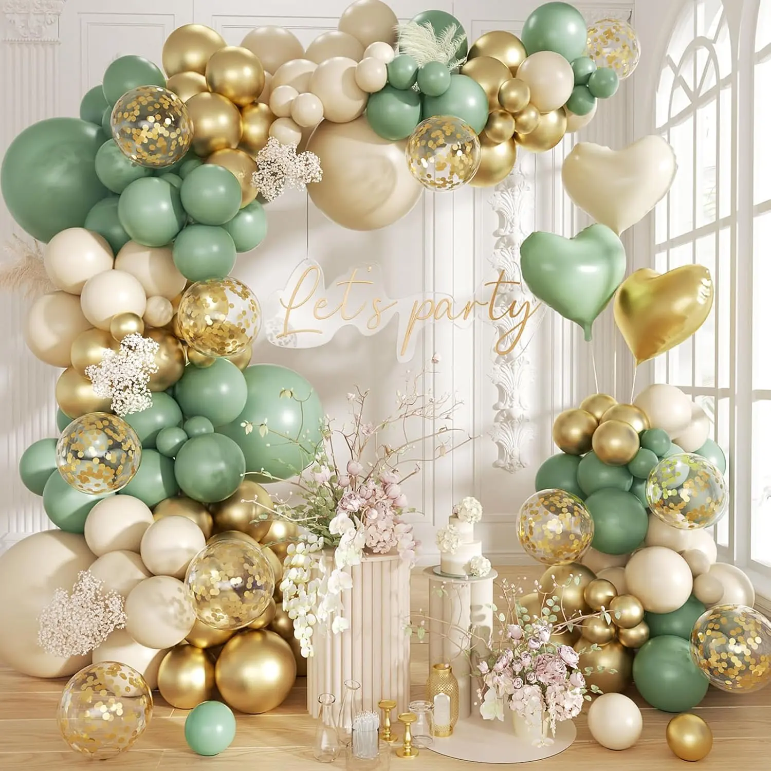 160pcs sage green gold balloon garland arch kit, olive green white sand gold confetti balloon with heart foil balloons for baby shower birthday wedding engagement party decorations