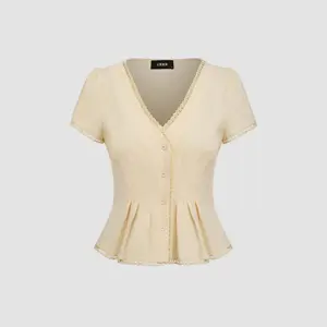 Cider 100% Cotton V-neck Ruffle Hem Blouse