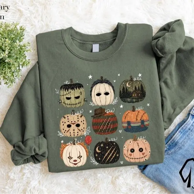 Horror Pumpkin Sweatshirt, Spooky Halloween Character Crewneck, Retro Creepy Pumpkin Sweater, Vintage Fall Horror Pullover, Cozy Halloween Gift