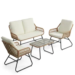 Third choice Outdoor 4-Piece Patio Conversation Set – Metal Frame Rattan Wicker Loveseat, Chairs & Coffee Table for Garden, Deck & Balcony – Beige