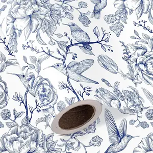 Blue Floral Wrapping Paper Roll - Mini Roll - 17 Inch x 16.5  - Blue and White Bird Wrapping Paper for Wedding, Bridal Shower, Birthday,  Shower