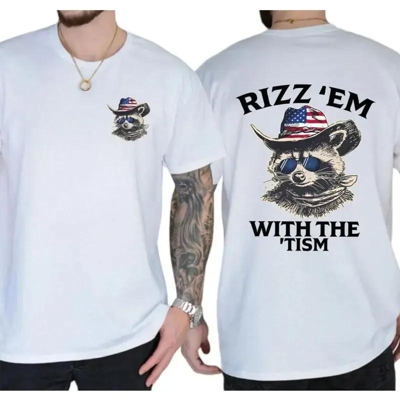 Unisex Menswear Graphic T-Shirt – Classic Soft Round Neck Streetwear Top with Raccoon in American Cowboy Hat and Sunglasses, Ideal for Outdoor Parties and Casual Wear Cotton Polyester