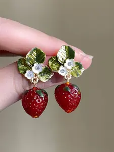 Women's Floral Stud Earrings, Strawberry Design, Artificial Crystal Material, Ideal for Daily Wear & Gift Giving