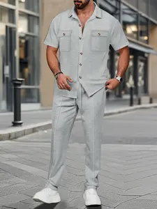 1 Set Men's Waffle Knit Short Sleeve Shirt Set, Fitted, Casual Style, Drawstring Elastic Waist, For Daily Street Looks, Clothes