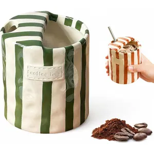 10oz Ceramic Coffee Mug,Retro Striped Coffee Cups,with Sip hole Espresso Ceramic Cup,novelty Hand-Painted Striped Travel Mugs-ideal  for Coffee Lovers(Green)