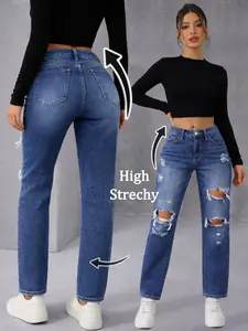 Women's High-Waisted Denim Jeans, Spring & Fall Casual Fitted Straight-Leg Pants, Blue Washed Street Style Distressed Design
