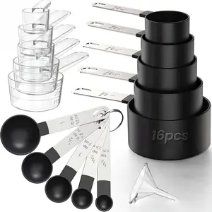 16 Pieces Measuring Cups and Spoons Set with Metric and US Measurements, Ideal for Measuring Dry and Liquid Ingredients, Black Kitchen Baking Cooking Tool