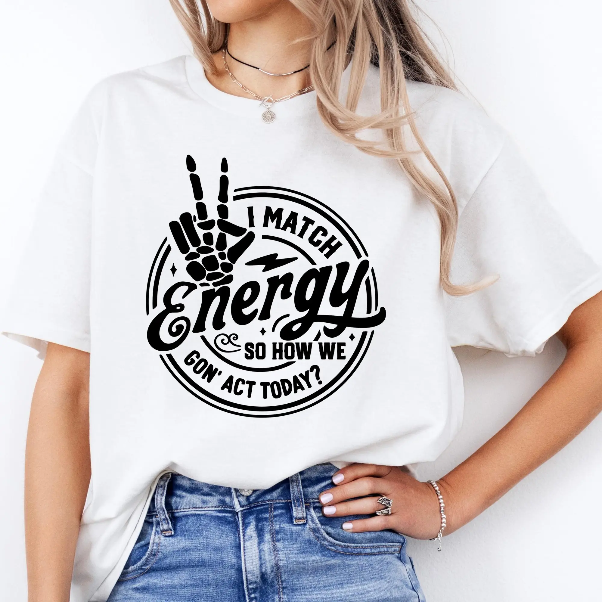 I Match Energy So How We Gon Act Today T-Shirt, Funny Skeleton Graphic Tee, Sarcastic Attitude Shirt, Peace Sign Skeleton Tee, Trendy Humor Shirt for Women Men, Casual Graphic Top