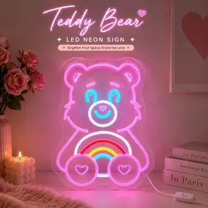 Cute Bear LED Neon Light, USB Powered Pink Rainbow Bear Wall Decor with Soft Glow, Easy to Hang Clear Acrylic Backboard, Aesthetic Room Light for Bedroom, Vanity Desk, Dorm, Gaming Room, Party Setup, Birthday, Holiday & Housewarming Gift for Room Makeover
