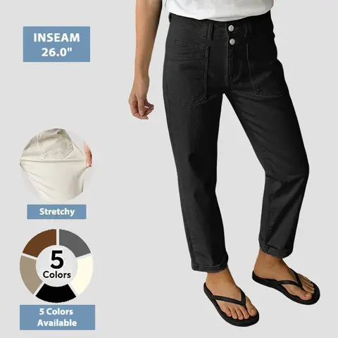 Flamingals Solid Patch Pocket Dual Button High Rise Straight Leg Pants Stretchy 26" Inseam