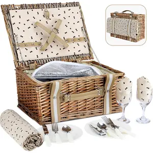 Willow Picnic Basket Set for 2 Persons with Large Insulated Cooler Bag and Waterproof Picnic Blanket, Wicker Picnic Hamper for Camping,Outdoor,Birthday
