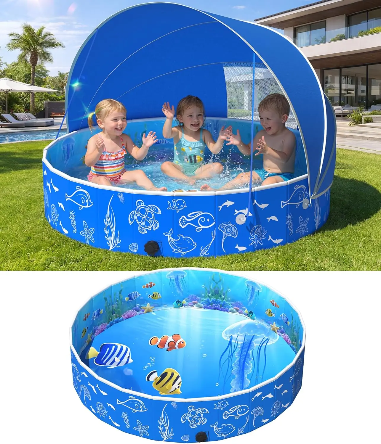 FizZeal Foldable Kiddie Pool with Canopy 51In Baby Pool with Shade | UPF 50+ UV protection canopy, pop-up collapsible portable design, for backyard, beach...