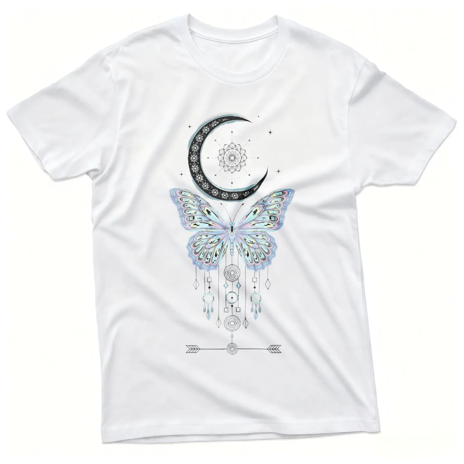 CARPESUN Women's Short-Sleeve Round Neck Bohemian T-Shirt, Butterfly Moon Dreamcatcher Print, Soft Cotton Streetwear Tops, Unisex Casual Wear Gift for Friends