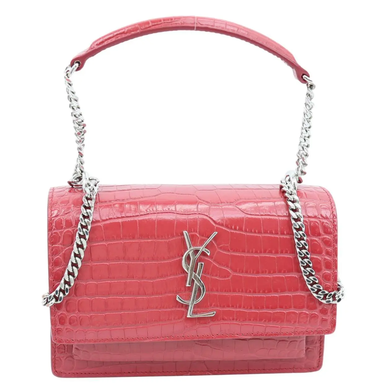 Pre-owned Yves Saint Laurent Leather Crossbody Bags YSL Monogram Sunset Crocodile Embossed Crossbody Bag Red