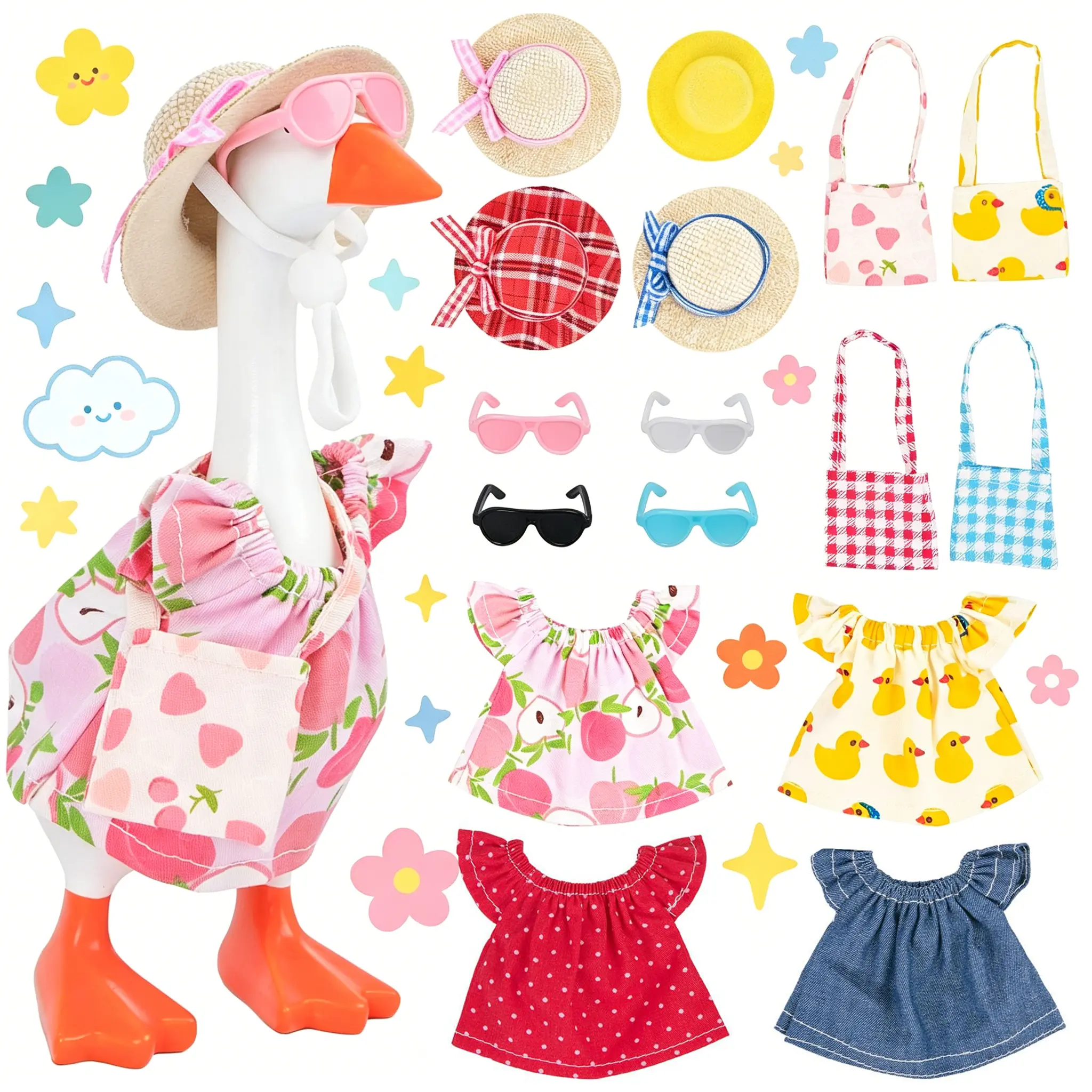 7-Inch Mini Desk Goose 6-Piece Outfit Sets (4 Packs) - Cool Unisex Felt Hat, Dresses, Bag for Magnetic Porch Goose Statue, Key Holder, House Decoration Crafts Gifts