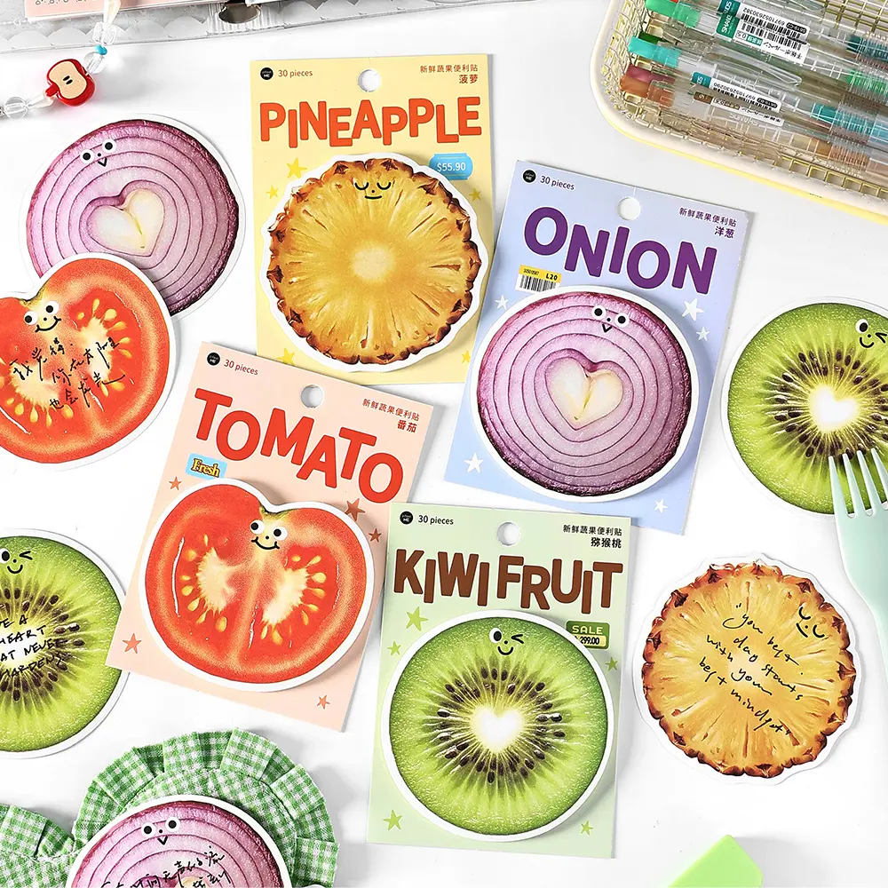 120PCS Vibrant Fruit-Shaped Sticky Labels - 4 In 1 Fruit Shape Notes, Default Design (Pineapple, Onion, Tomato, Kiwi) DIY Sticker for Journal Planning, School Supplies, Scrapbooking & Stamping