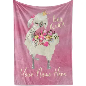Personalized Be The Queen Llama Throw Blanket With Custom Name For Girls, Babies, And Women, Cute Animal With Crown And Flower Bouquet, Soft Pink Color, Adorable Bedding, (Sherpa 50X60)