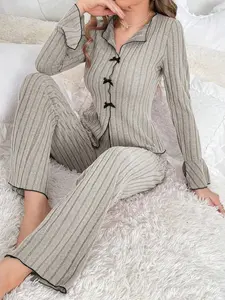 Women's Casual Fitted Home Set, Long Sleeve V Neck Top & Pants Two-Piece Loungewear, All-Season Comfortable Sleepwear, Pajama Set