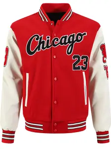 Men's red #23 Number Baseball Jacket, Loose Casual Fashion High-End Embroidered Button-Up, Patchwork white PU Long Sleeve College Style Coat, Street Fashion Outerwear