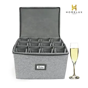 HOMELUX THEORY Champagne Flute Storage Box with Dividers Hard Shell China Containers Heavy Duty Glassware Box Stemware Container Lid Thick Surface Sturdy Handle