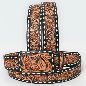 Black & Saddle Hand Tooled Leather Western Belt - Floral Vine Design