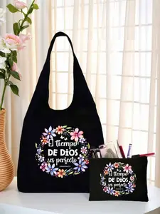 Printed Canvas Shoulder Bag + Pouch, Floral Ring Pattern, Casual Handbag, Large Capacity Travel Makeup Bag, Multifunctional Shopping Bag