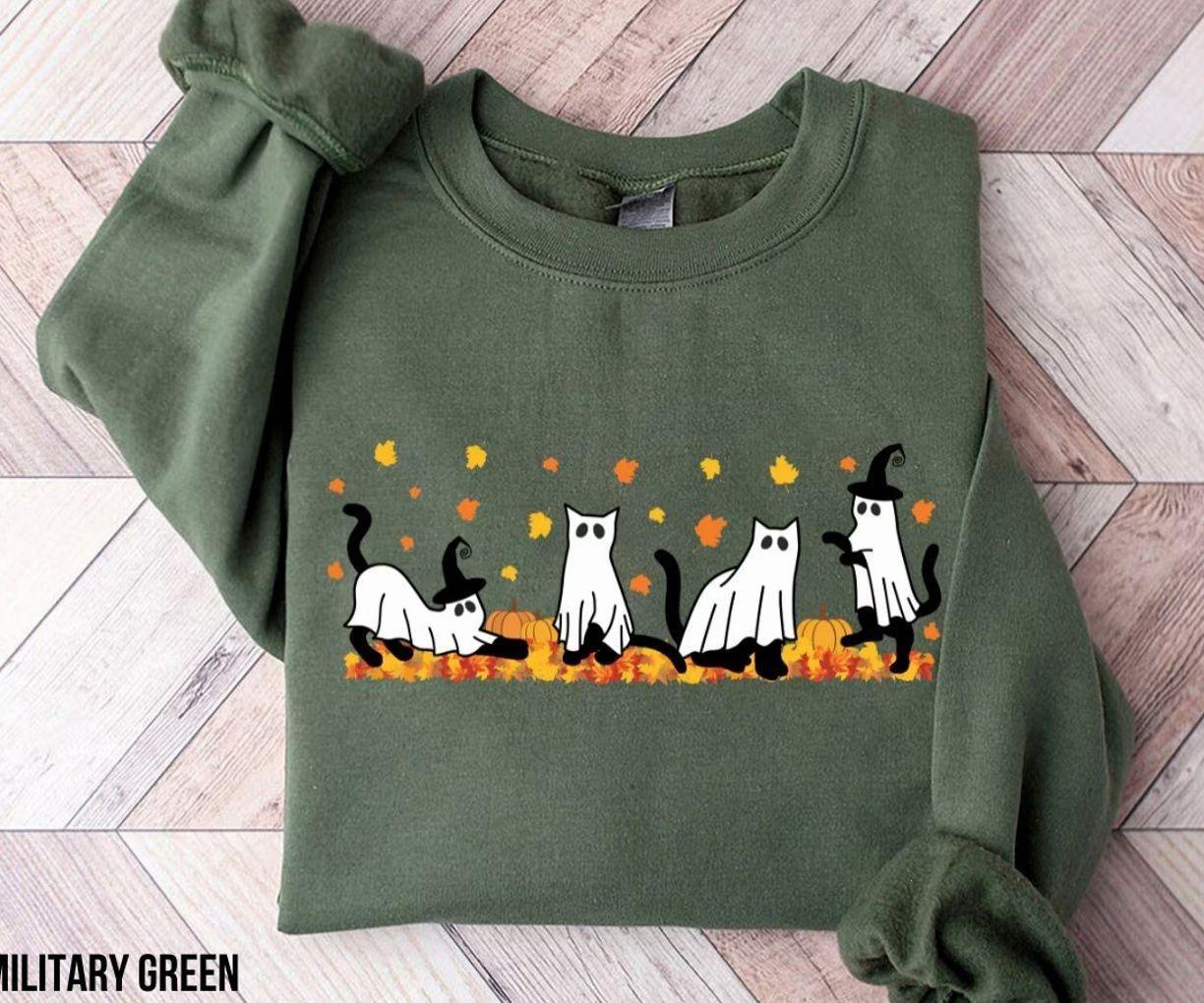 Cat Halloween Sweatshirt, Ghost Black Cat Crewneck, Spooky Season Halloween Sweatshirt, Cozy Fall Cat Lover Apparel, Cute Autumn Outfit, Halloween Gift for Women & Men