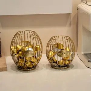 1 Wrought iron coffee capsule storage cup holder - finishing basket - oval lantern shape with logo - a variety of colors to choose from, light luxury home design - suitable for small packages of snacks, coffee capsules and instant coffee bags