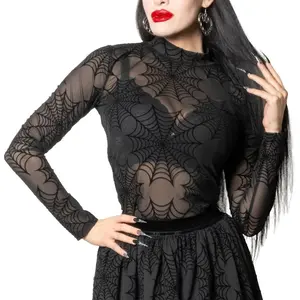 Spiderweb Mesh Mock Neck Top Black Spandex Soft Womenswear