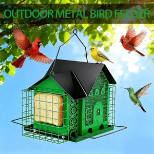 Outdoor Hanging Bird Feeder Large Capacity Durable and Sturdy Decorative Metal Bird Feeder Green and Black Two-Tone Waterproof Design with Sloped Tray Easy-Fill Wild Bird House (Green)