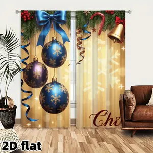 2D Flat 2Pcs Christmas Ball Ornaments Printed Curtains, Festive Bells Candy Cane Pattern, Golden Background, Rod Pocket Design, Light Filtering Polyester, Perfect for Living Room Bedroom Holiday Decor, Anti Privacy Drapes