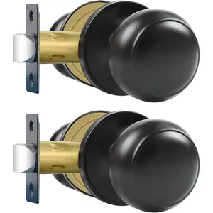 2 Pack Matte Black Passage Door Knobs, Non-Locking Interior Round Keyless Door Handles, Reversible for Left Right Handed Doors, Ideal for Hallway & Closet