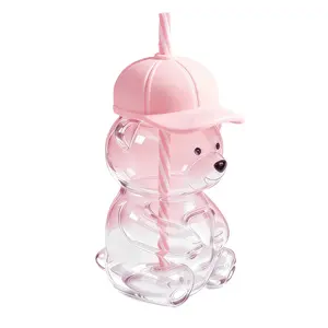 Bear Straw Cup 20oz, Cute Bear Glass Tumbler Mug, Reusable Straw, Baseball Cap Lid, Drinkware, Ideal for Coffee, Beer, Wine, Cocktails, Smoothies, Boba, Iced Coffee, Milk Tea