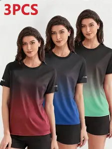 Women’s summer sports running T-shirt, short sleeves, minimalist gradient design, comfortable, breathable, stretchy suitable for spring and summer.
