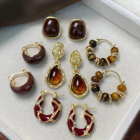 【Black Friday】Women's Elegant Synthetic Resin Hoop Earrings Set, Tiger Eye Effect & Enamel Geometric Design Jewelry, Trendy Jewelry for Daily Wear & Parties