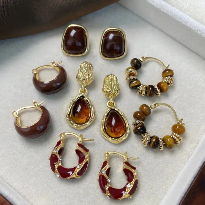 【Black Friday】Women's Elegant Synthetic Resin Hoop Earrings Set, Tiger Eye Effect & Enamel Geometric Design Jewelry, Trendy Jewelry for Daily Wear & Parties