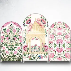 15-day Delivery Pink Parrots and Floral Arch Backdrop Cover for Indian Wedding Decor