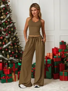 Women's Solid Crop Tank Top & Wide Leg Pants Set, Casual V Neck Sleeveless Top & Trousers for Daily Outdoor Wear, Ladies Sportswear for All Seasons, Solid Sports Sets, Yoga Set, Sweatsuit Sets