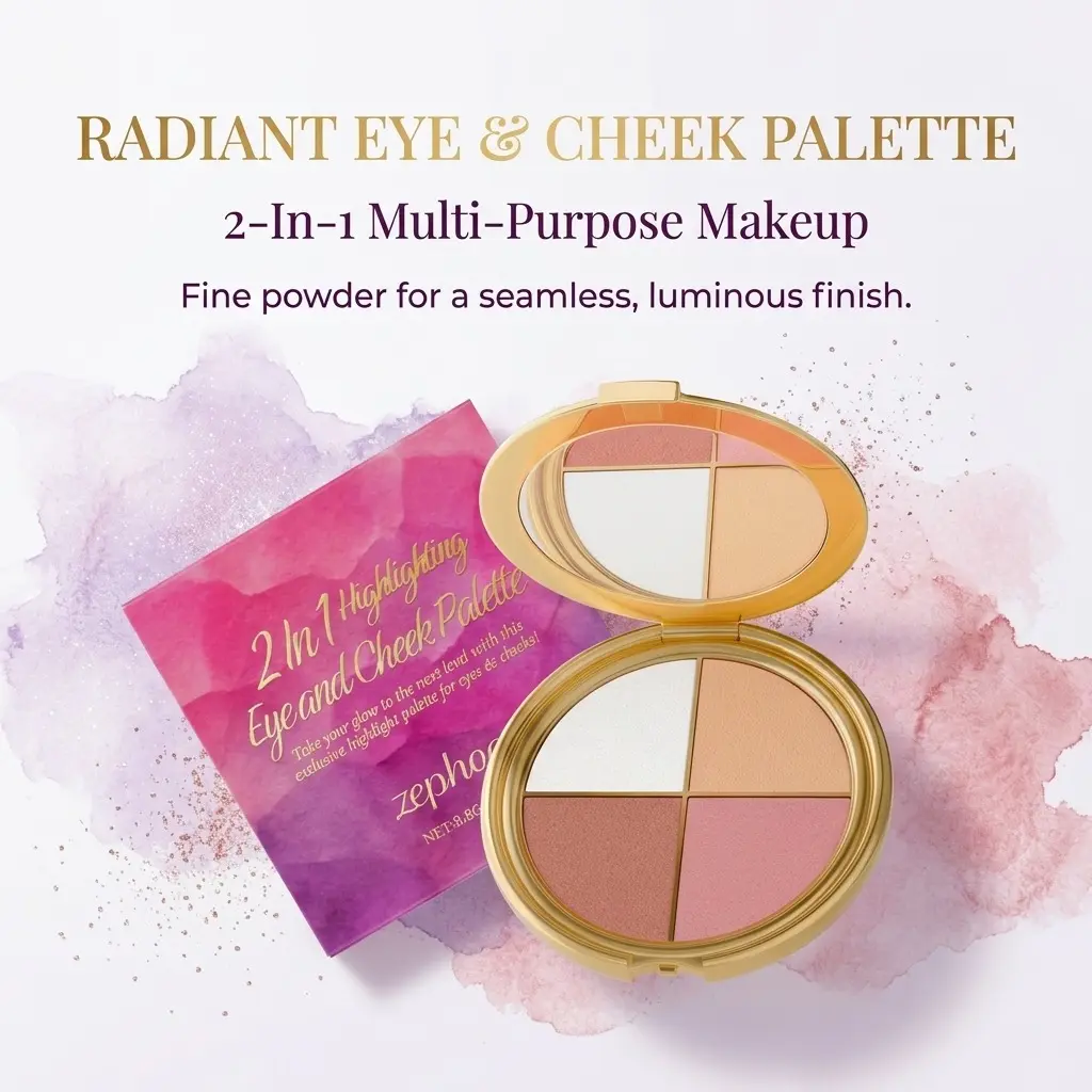 Highlight, eyeshadow, and blush palette - portable for everyday use, one palette for natural makeup on eyes and cheeks