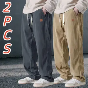 2-pack men’s corduroy wide-leg pants, vintage high-street style, loose straight fit with drapey fabric and drawstring design—trendy casual long pants that are comfortable and versatile for everyday streetwear wear in all seasons. Baggy
