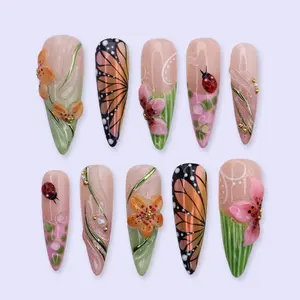 Butterfly Garden Press On Nails with Monarch Wing, 3D Flowers And Ladybug Art Nails Spring Nails