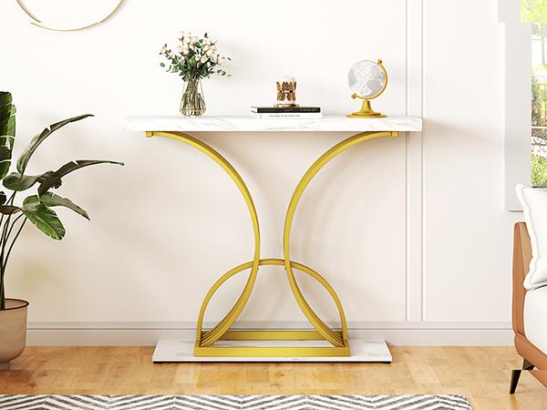 DWVO Gold Console Table, Modern Sofa Table for Living Room, Hallway, Entryway, 40 inch Narrow Entryway Table, Faux Marble White