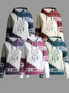 Boho Style Women's Plus Size Hoodie, Vintage Aztec Print Fall Sweatshirt with Graphic Design, Soft Fleece Pullover for Casual Relaxed Fit