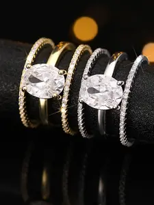 Luxury Design Oval Zircon Four Prong Set of Three Rings, Elegant Jewelry for Special Occasions, High-Quality Craftsmanship